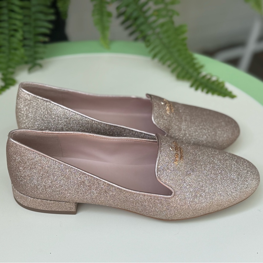 Kate Spade Size 7.5 Rose Gold Pink Sparkle Flat Slip On Claudia Shoes Glitter!